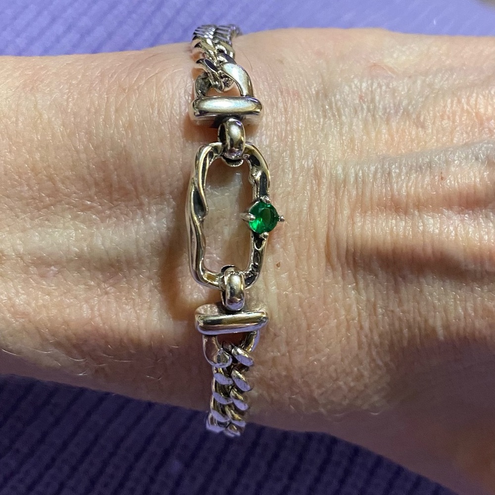 .925 Sterling Silver Green Zircon Hollow Geometric Bracelet  7 inch